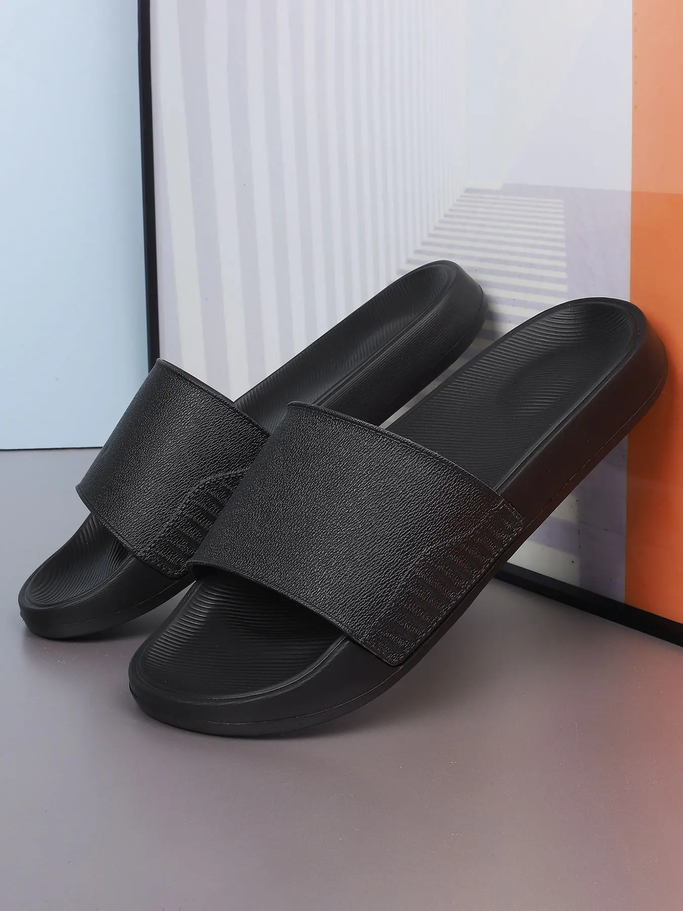 Minimalist All-Black Men's Slides | Premium Textured Strap Stealth Sandals | Clean Fit & Quiet Luxury Essentials Footwear