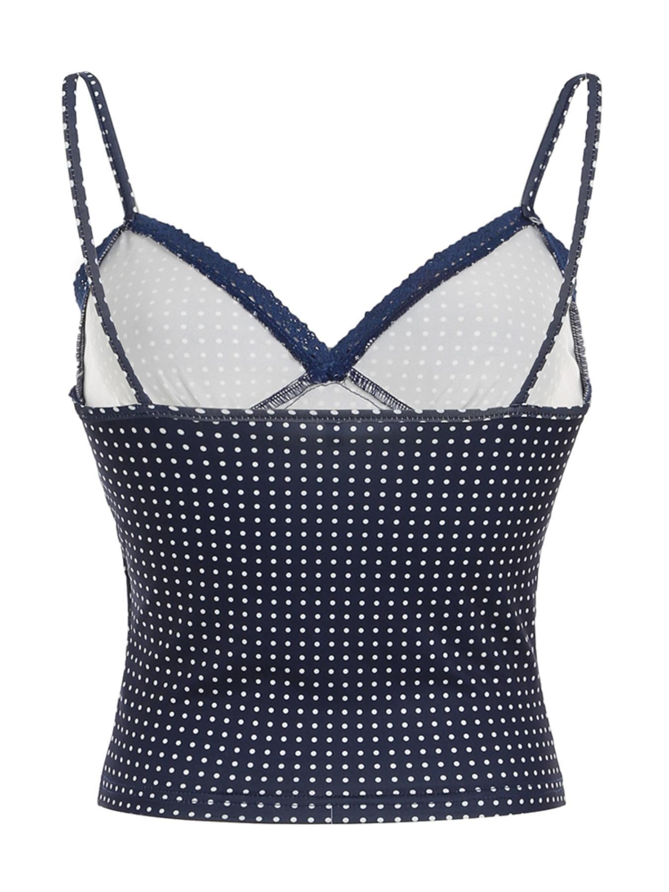 Women's Polka Dot Print Lace Trim Crop Cami Top, Casual Spaghetti Strap Top for Summer, Fashion Women's Top for Daily Wear, Charming Polka Dots, Elegant Casual Top, Casual Style Camisole, Womenswear