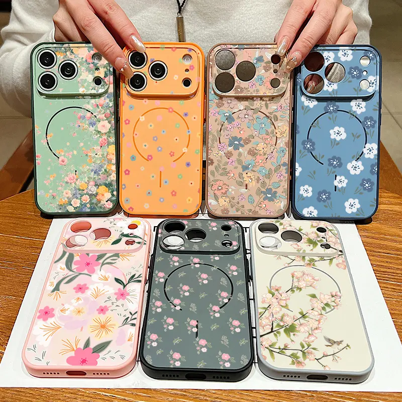 Romantic Flower Pattern Magnetic Smartphone Casing, Magsafe Wireless Charge Compatible Hard Back Cover for iPhone 13-17 Pro Max, Handheld Cellphone Accessories by Summerwins,summerwins