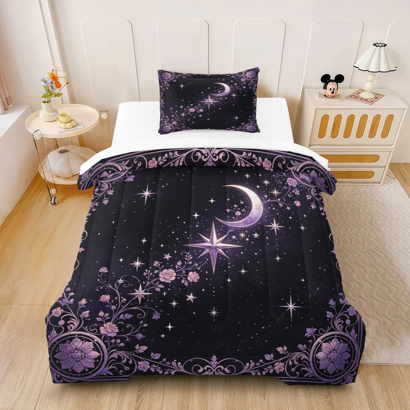 2/3Pcs Vintage Celestial Moon Star Comforter Duvet Set, Soft Washable Fabric, All Season Bedding for Dark Aesthetic Bedroom (With Filler, No Pillow Inserts)