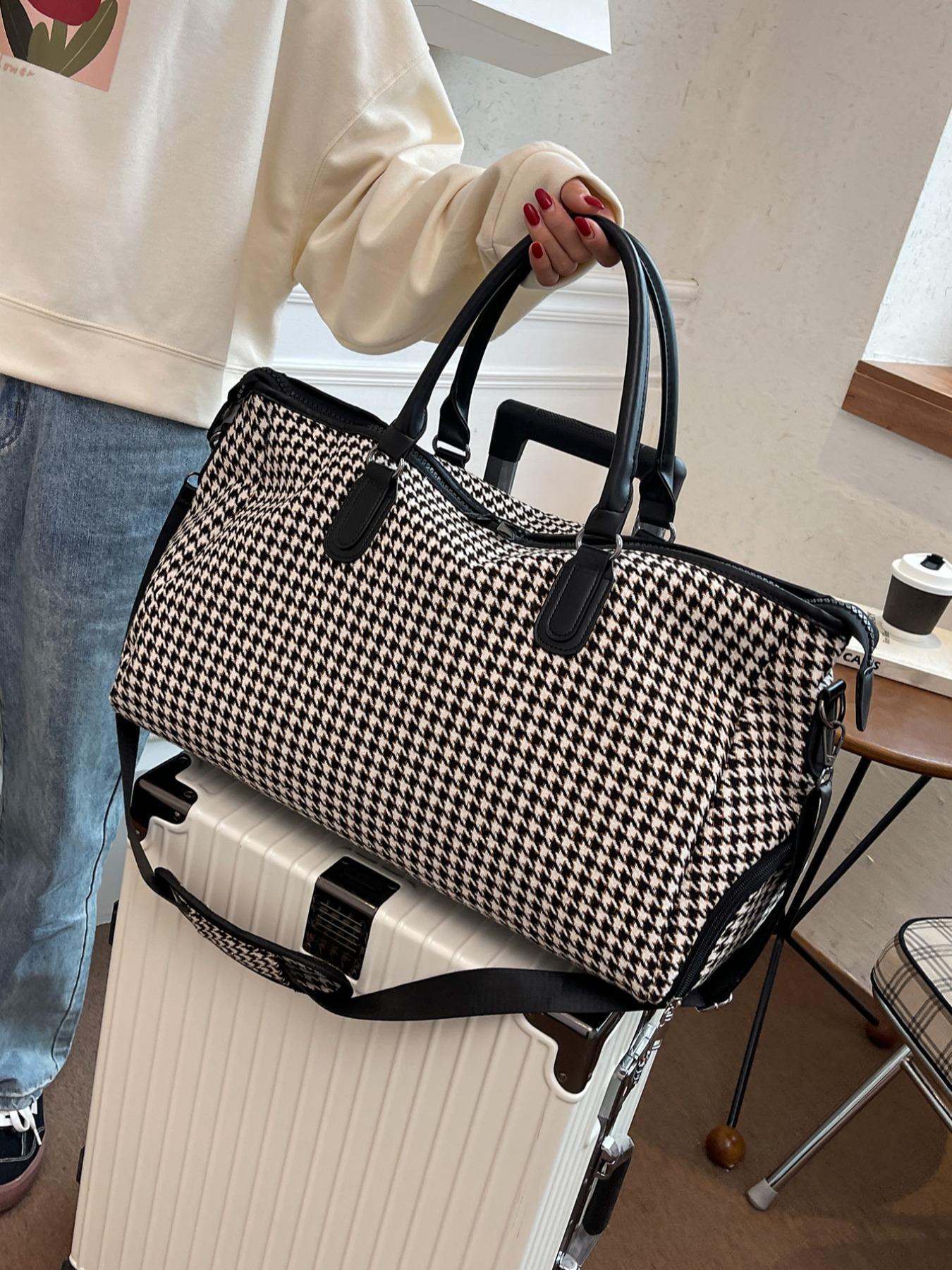 Houndstooth Pattern Travel Bag for Women & Men, Lightweight Large Capacity Zipper Bag, Casual Trendy Versatile High-quality Daily Commuting Bag, Travel Duffle Bag, Travel Duffel Bag, Canvas Travel Bags
