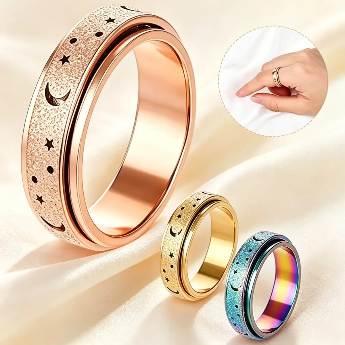Women's Sand Blast Finish Spinner Ring - Colorful Rotating Anxiety Relief Fidget Band, Fashion Sports & Outdoor Accessory for Adult Daily Calming Sensory Use, Stress Relief