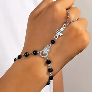 Gothic-Style Acrylic Cross Pendant Beaded Bracelet Set - Jesus-Themed Religious Accessory with Beads & Satin for Everyday Wear, Parties, Sports & Outdoor Protective Gear Complement