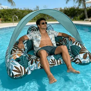 Inflatable Pool Float with Canopy, Tropical Leaf Print Lounge Chair with Cup Holder, Perfect for Adult Summer Beach Parties, Pool Parties, Lakes, Inflatable Floats
