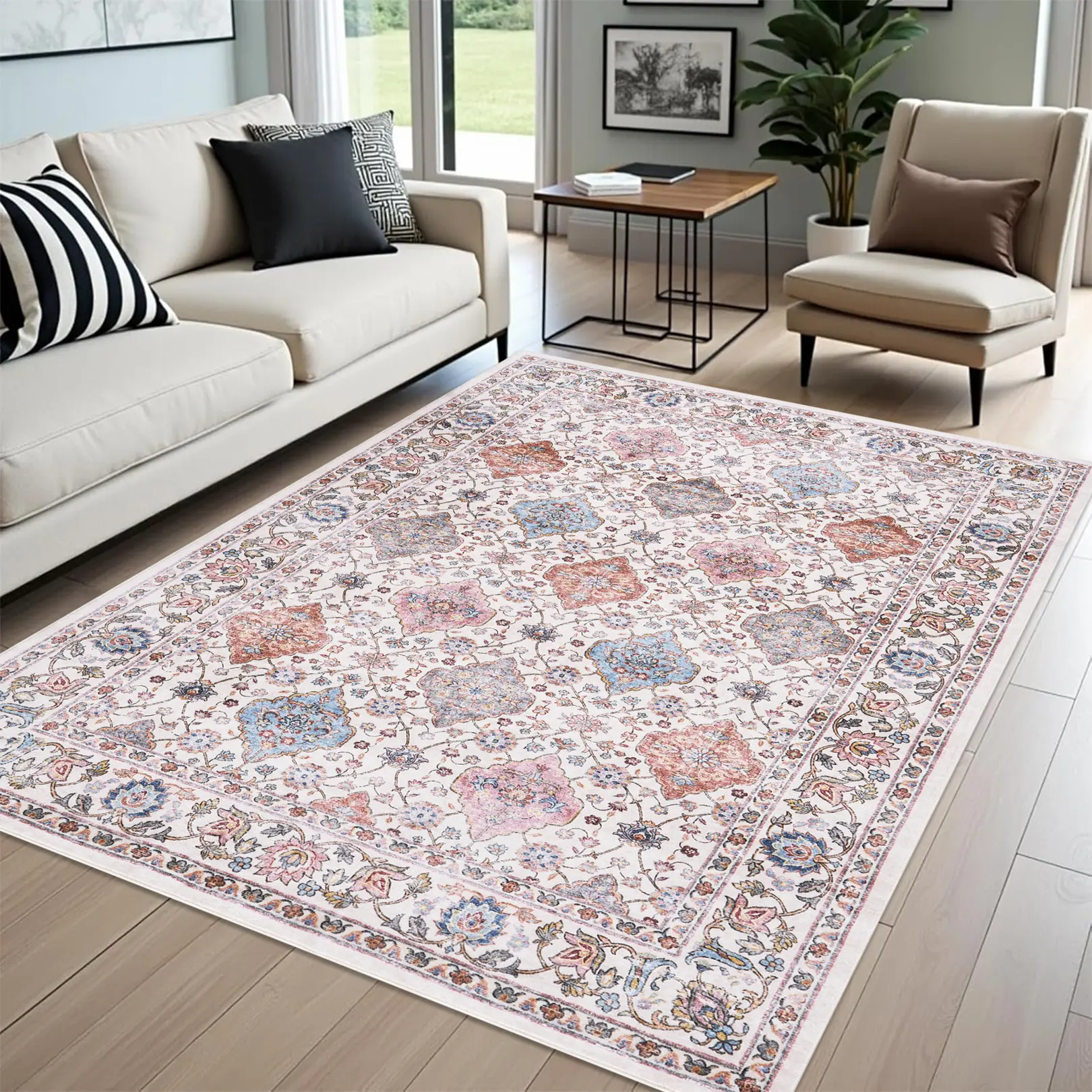 Machine Washable Area Rug- Vintage Oriental Floral, Low-Pile, Non-Slip, Non-Shedding, Soft & Collapsible Carpet - Ideal for Living Room, Bedroom, Dining Room, Mark Resistant