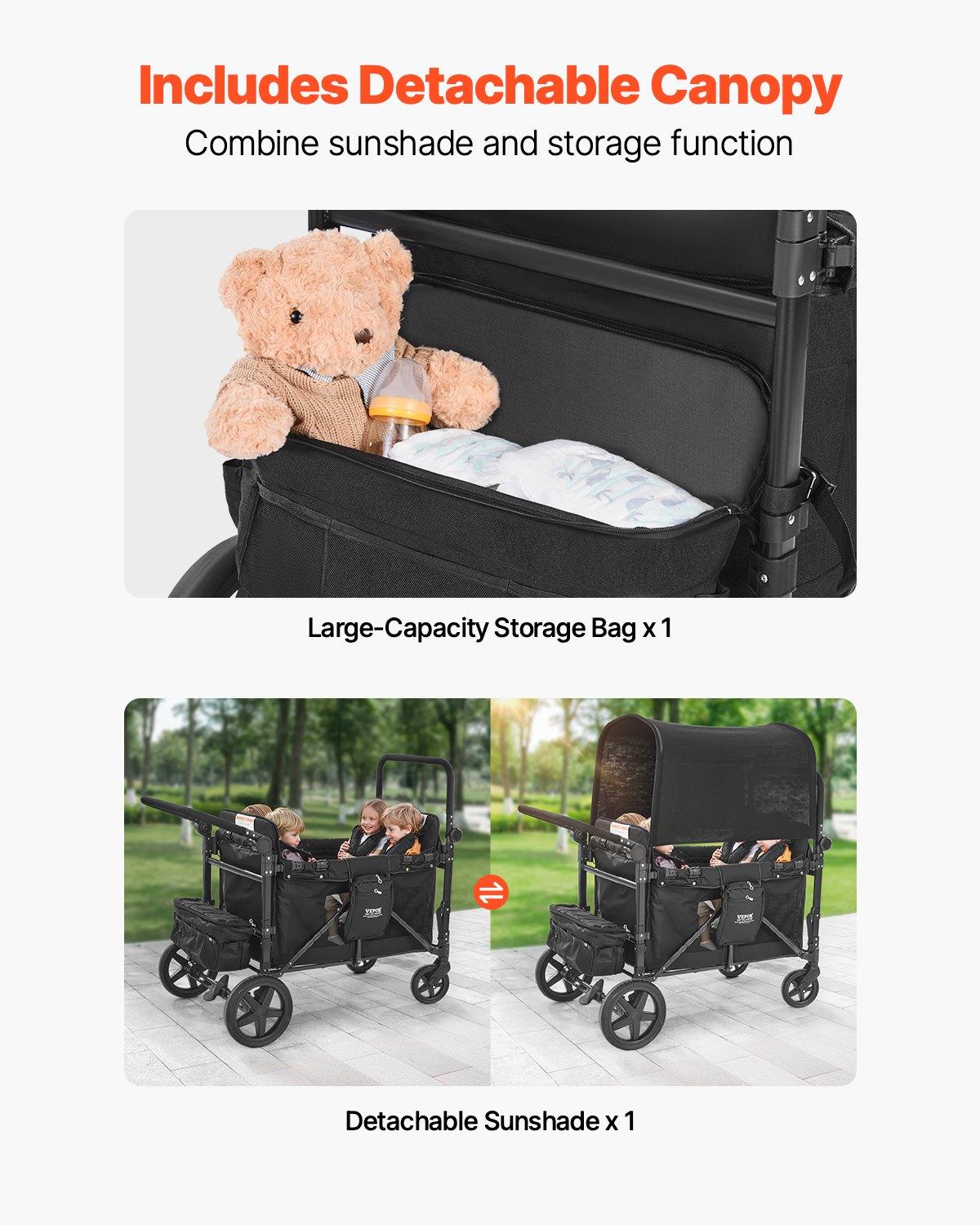 VEVOR Wagon Stroller for 4 Kids, Push Pull Quad Collapsible Stroller with Adjustable Handle, 5-Point Safety Harness & Removable Canopy, 4-Seater Stroller Wagon for Camping, Black (330LBS Loading) VEVOR Wagon Stroller for 4 Kids, Push Pull Quad Collapsible Stroller with Adjustable Handle, 5-Point Safety Harness & Removable Canopy, 4-Seater Stroller Wagon for Camping, Black (330LBS Loading)