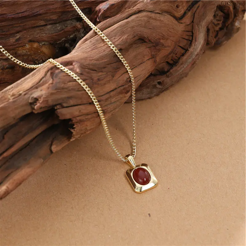 Vintage Red Oval Stone Rectangle Pendant Necklace Gold Plated Dainty Box Chain Minimalist Women Daily Clavicle Jewelry Gift