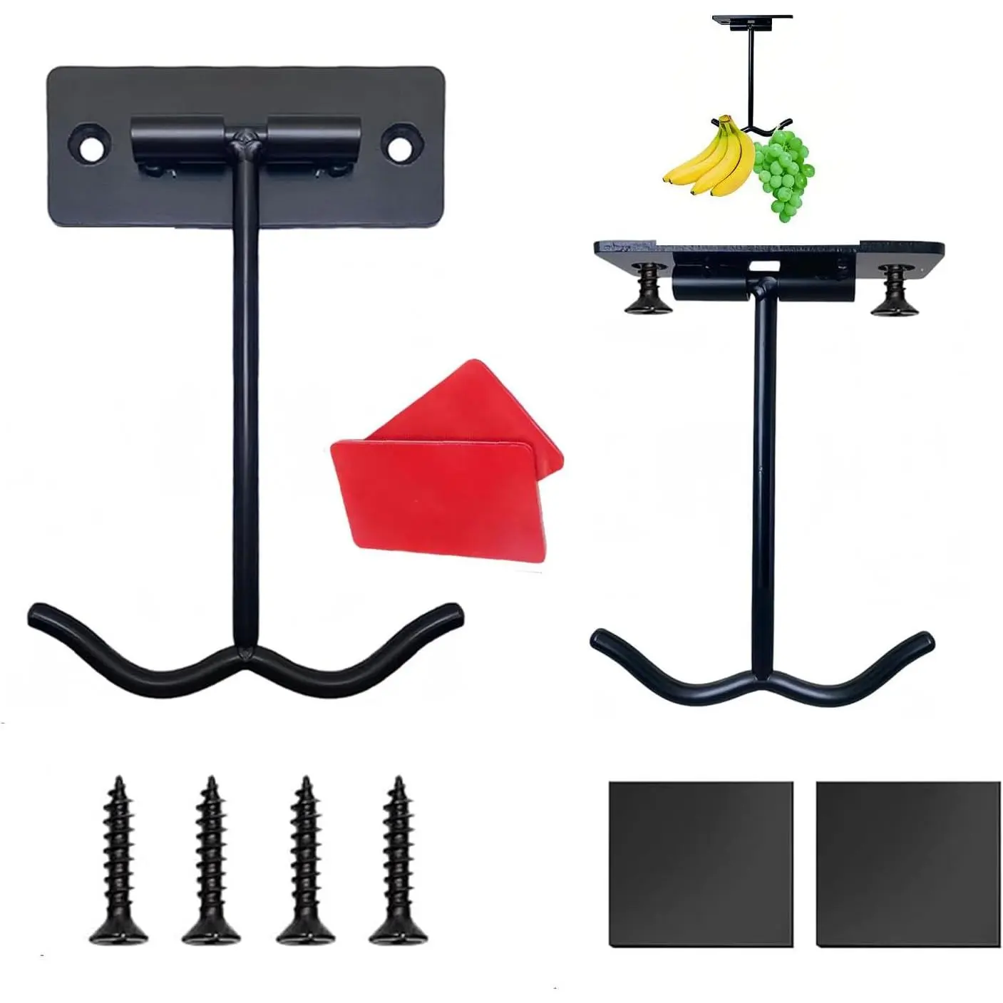 Under Cabinet Foldable Banana Hook (2 Pcs, Black) - Metal Folding -Hook with , Easily Folds Up When Not in Use, Heavy Duty Under Cabinet Hanger for Bananas, Kitchen Utensils & Groceries