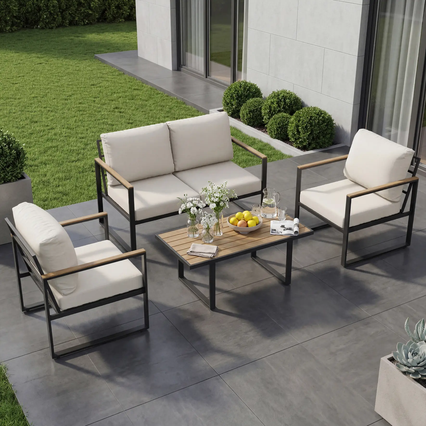 4-Piece Modern Metal Frame PE Rope Outdoor Patio Sofa Set - UV Resistant, Waterproof, All-Weather, Easy to Clean & Maintain Garden Furniture for Backyard, Balcony, Patio Sectional Furniture Set, Garden Furniture Sets