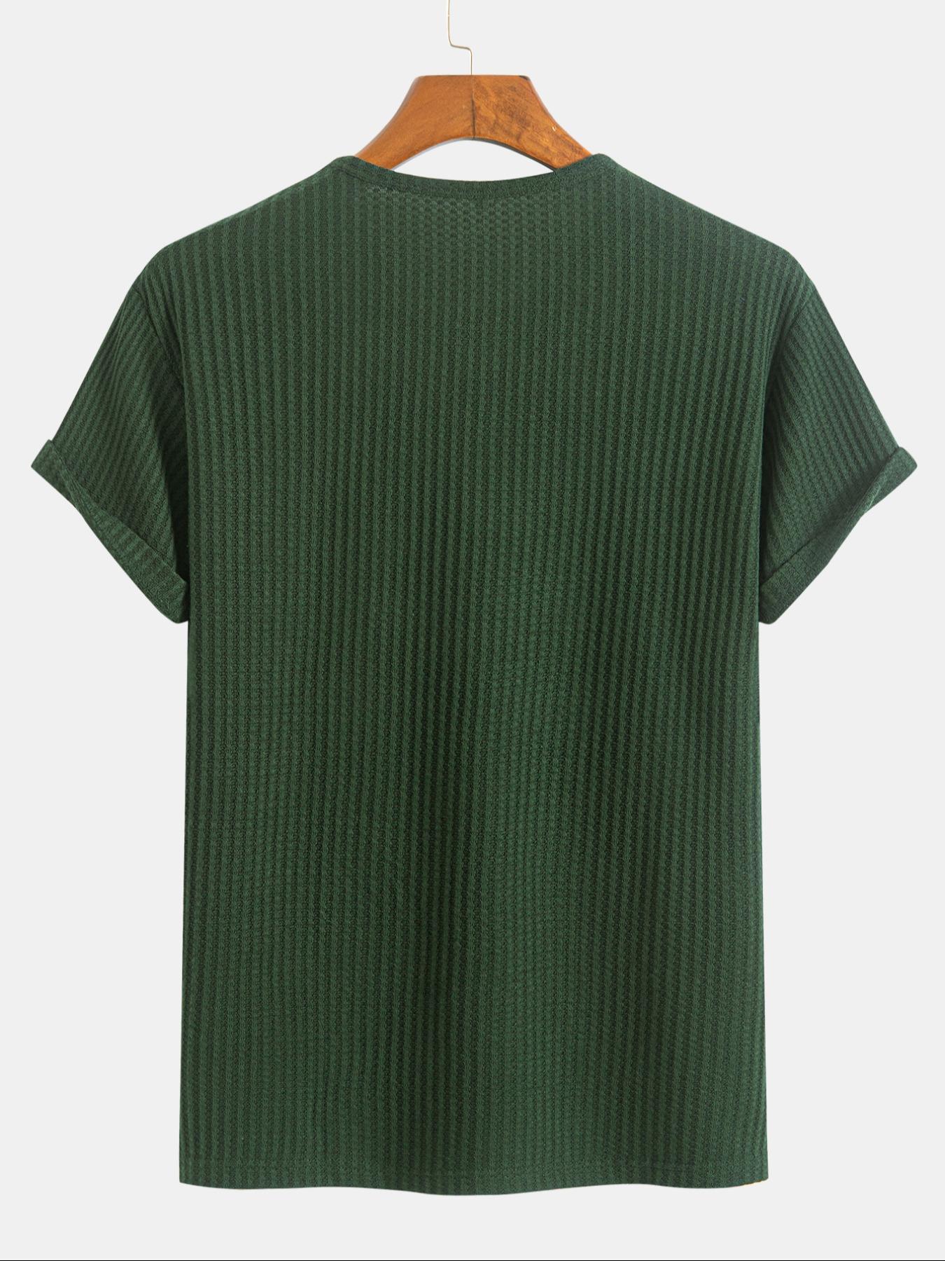 Men's Solid Knit Henley Curved Hem Tee, Regular Fit Casual Short Sleeve T-shirt for Summer, Men's Top for Daily Wear