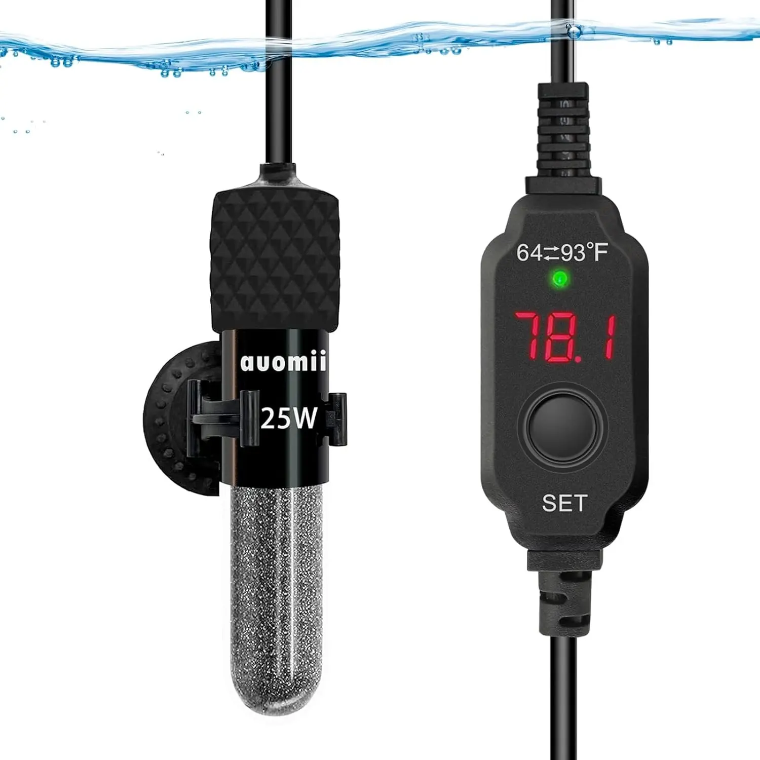 Small Submersible Aquarium Heater,Adjustable Mini Fish Tank Heater 25/50/100/150/200/300 Watts with External Temperature Controller, LED Display, Smart Memory, Used for 1-60 Gallons (25W)