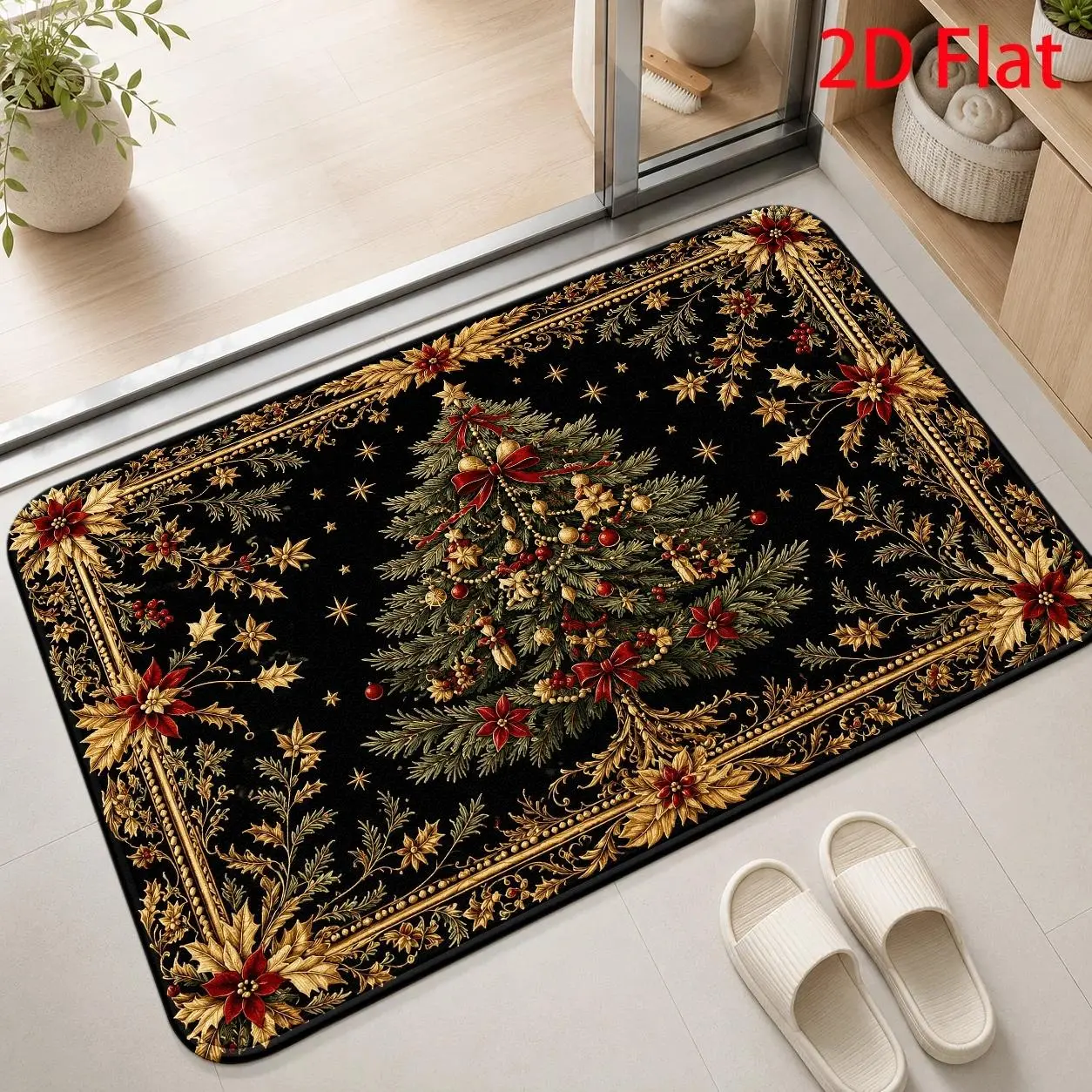1PC/2PC/3PC Christmas Tree Ornament Door Mat, 2D Flat Printed Flannel Floor Mat, Classic Embroidery Entryway Rug, Festive Welcome Mat for Front Door, Covered Porch, Hallway, Kitchen and Indoor Home Decor