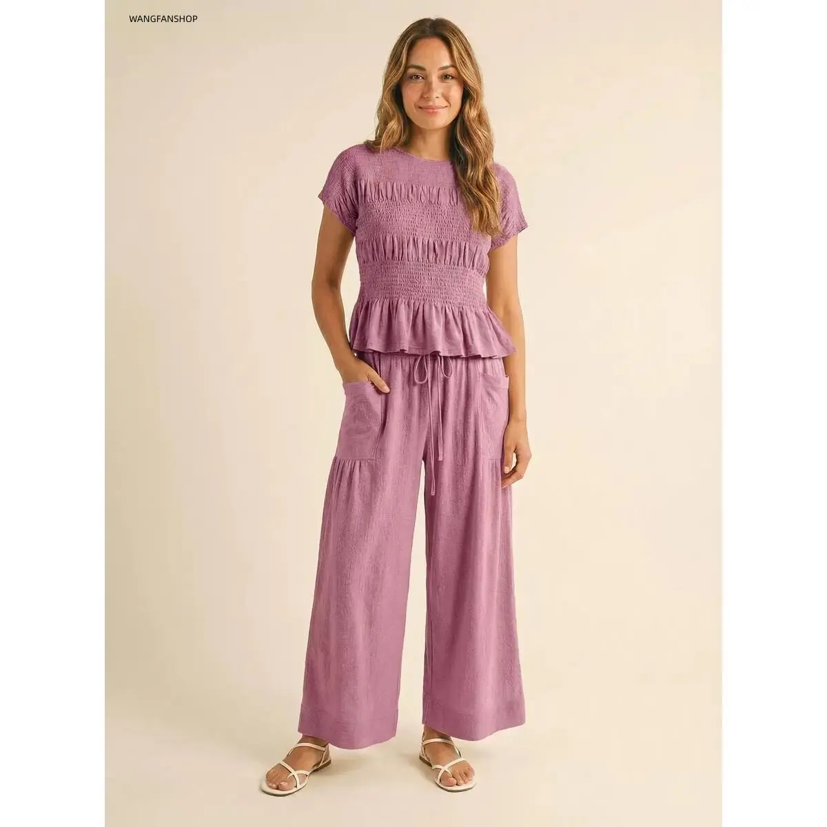 Women Boho 2 Piece Matching Lounge Set, Smocked Elastic Bust Top & High Waist Wide Leg Pants with Side Pockets, Lightweight Breathable Wrinkle Resistant Summer Outfit for Beach Vacation Travel Daily Casual Wear,cosplay,accessory,