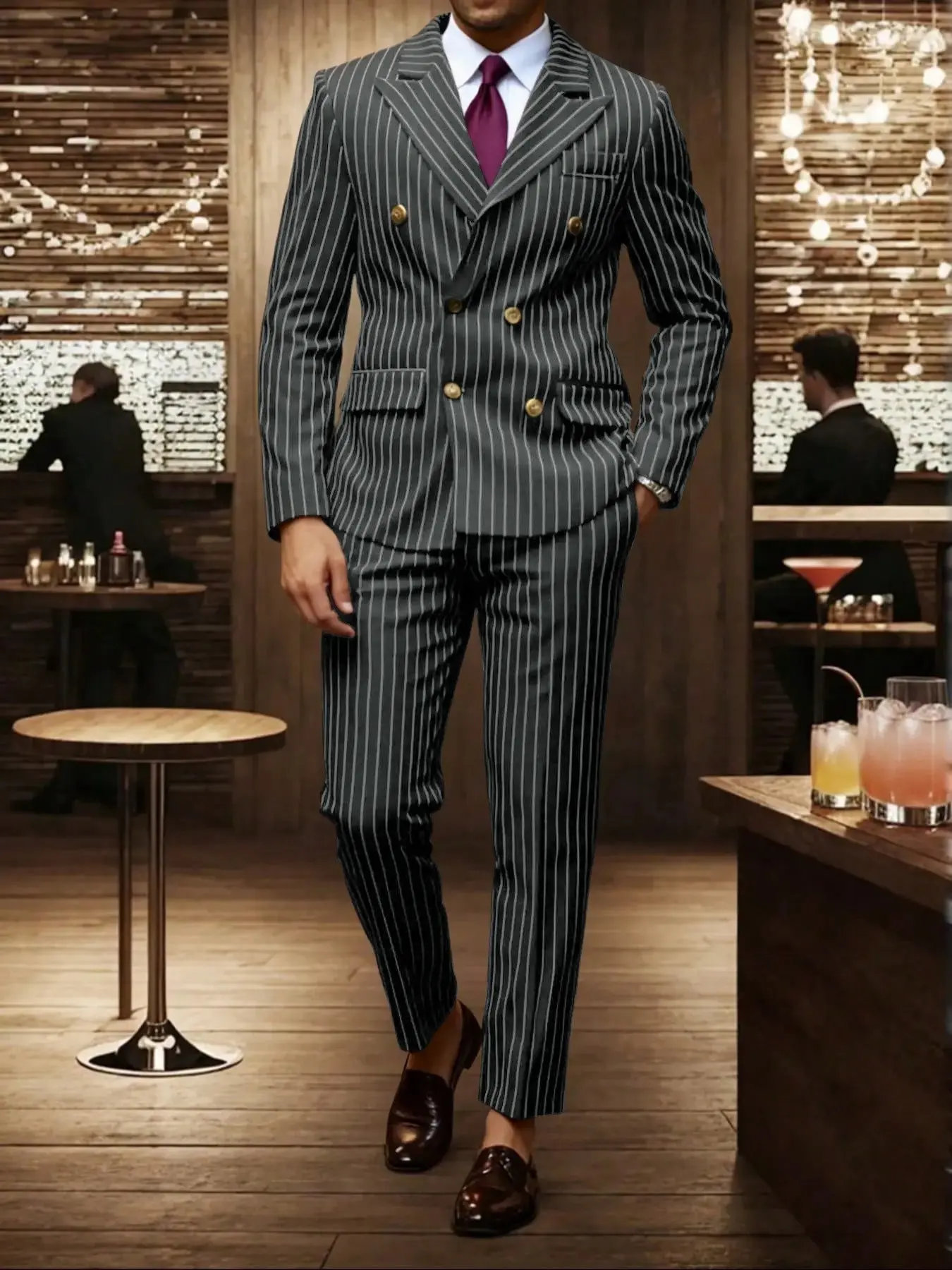 Men's Vintage British Striped Blazer Set, Wine Fine Stripe Double Breasted Jacket with Pants, Fitted Formal Two-Piece Suit