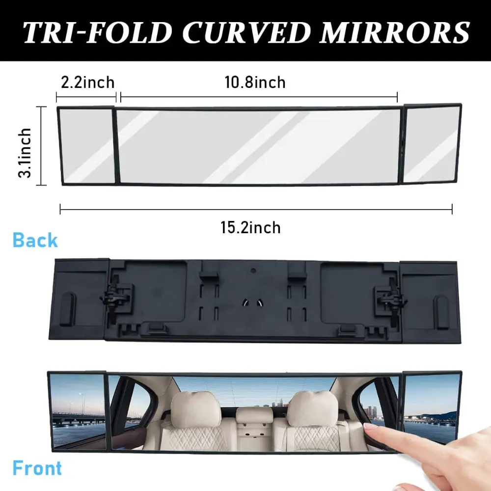 15 Inch Foldable Panoramic Car Rearview Mirror, Hd Wide Angle Convex Curved Interior Clip-on Rear View Mirror, Universal Auto Interior Accessory, Expanded View Blind Spot Elimination Mirror for Most Vehicles Driving Safety Upgrade