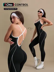 Women's Colorblock U Neck Adjustable Strap High Elastic Yoga Jumpsuit, High Compression Jumpsuit, Sporty Sleeveless Fitness, All Season Comfortable Wear