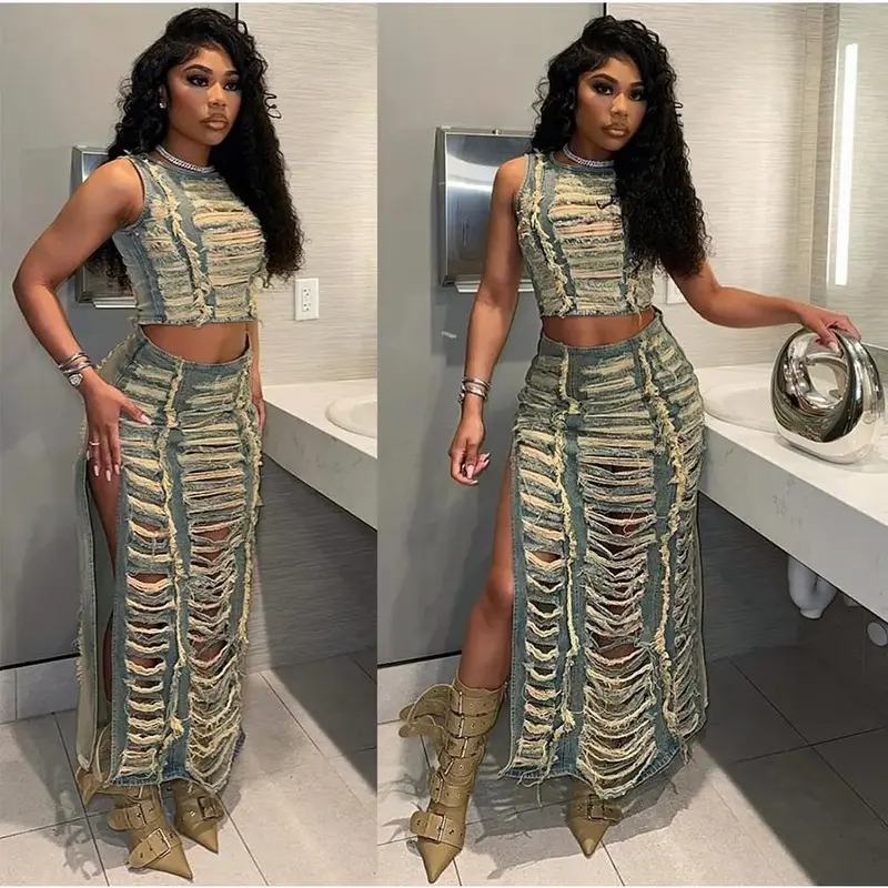 NewWomen's Denim Set Fashionable Personality Handmade Distressed Vest with Slit Denim Skirt Clothes Suits