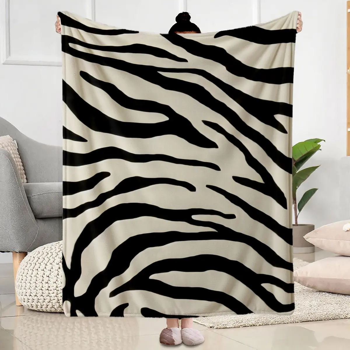 1Pc Fleece Blanket, Zebra Print Pattern, Comfortable And Soft, Durable, Suitable For All Seasons, For Sofa Bed Travel Camping Home Decor, Unisex Adult