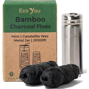 Charcoal Bamboo Floss | 2 Non Toxic Natural Floss Refill with Metal Container | Organic Mint & Candelilla Wax | Vegan & Biodegradable | Compatible w/Similar Dental Floss Silk Refill Containers