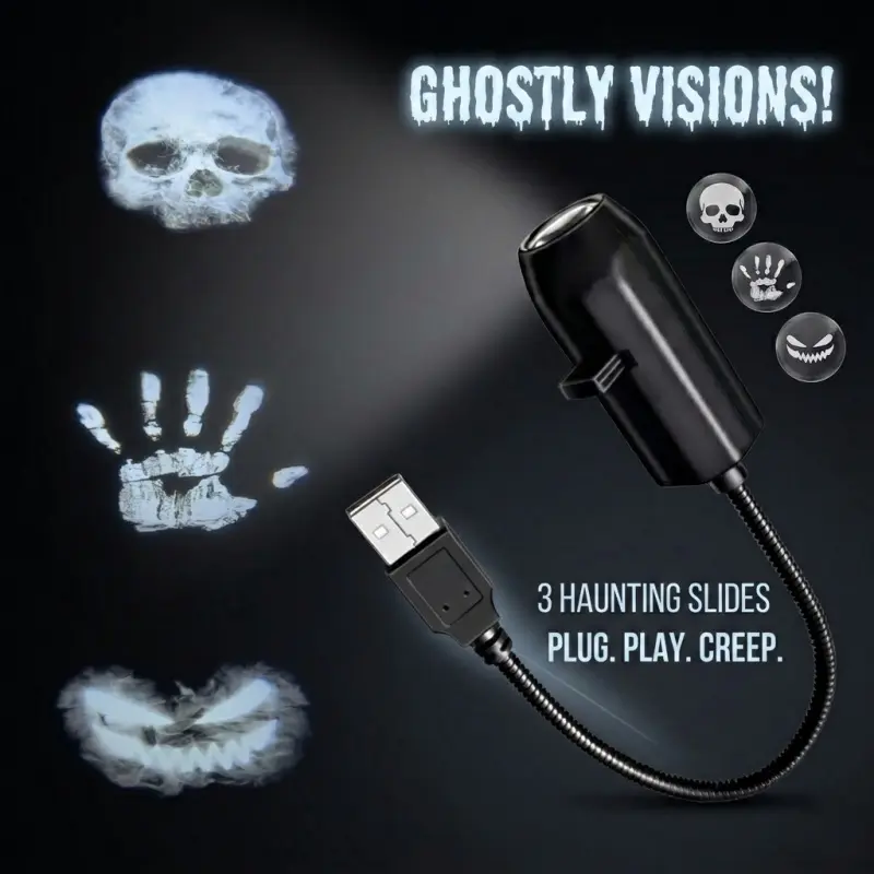 Halloween Projector Light with 3 Pack Interchangeable Spooky Slides, USB Powered Flexible Gooseneck Lamp for Halloween Party & Room Decor