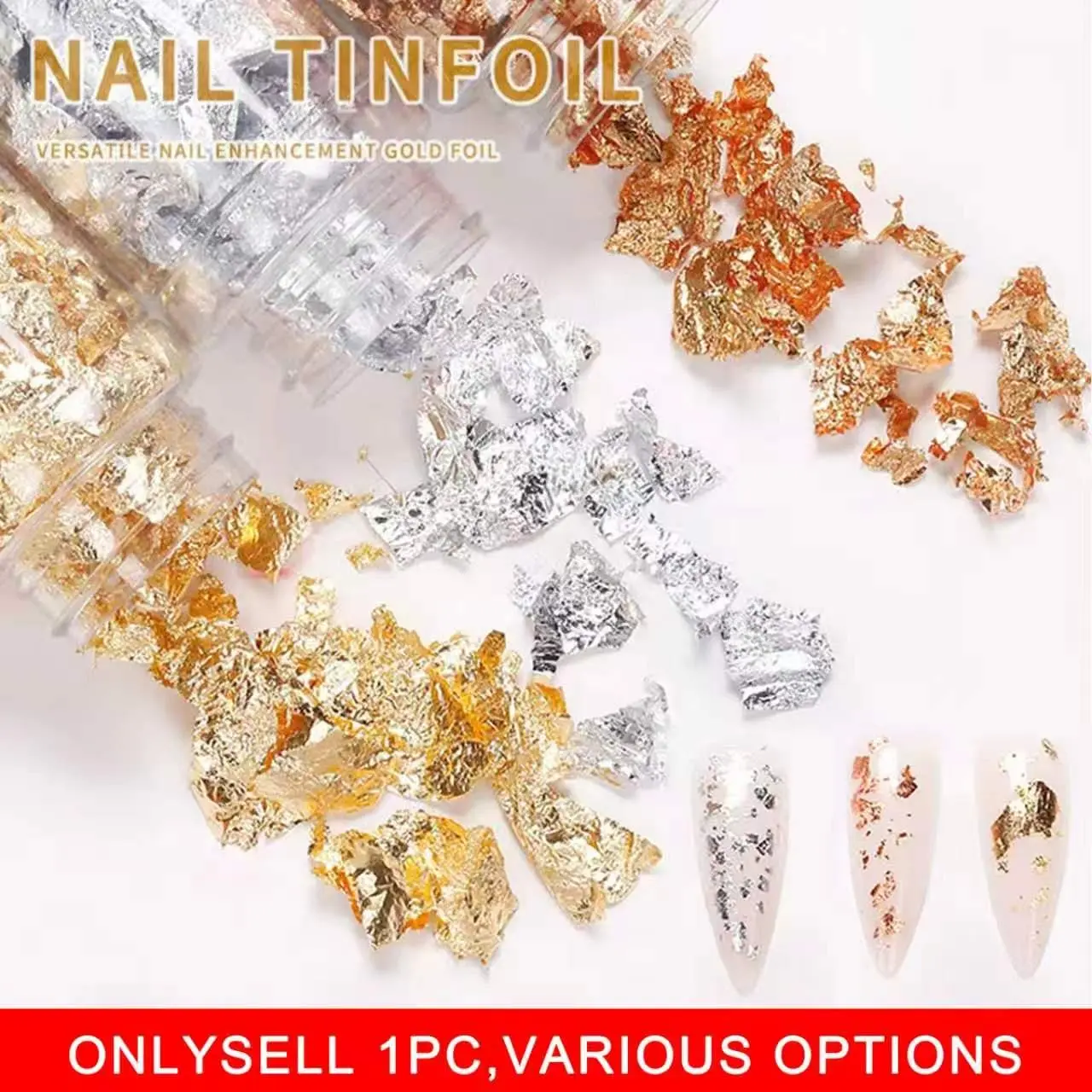 1 Bottles of Metallic Shimmer Golden, Silvery, Rose Golden for Various Decorative Crafts And Beauty Nail Art Bottle of Decorative Golden Foil Flakes for Nail Art And Craft Materials Bottled nail decorations: high-gloss gold foil paper