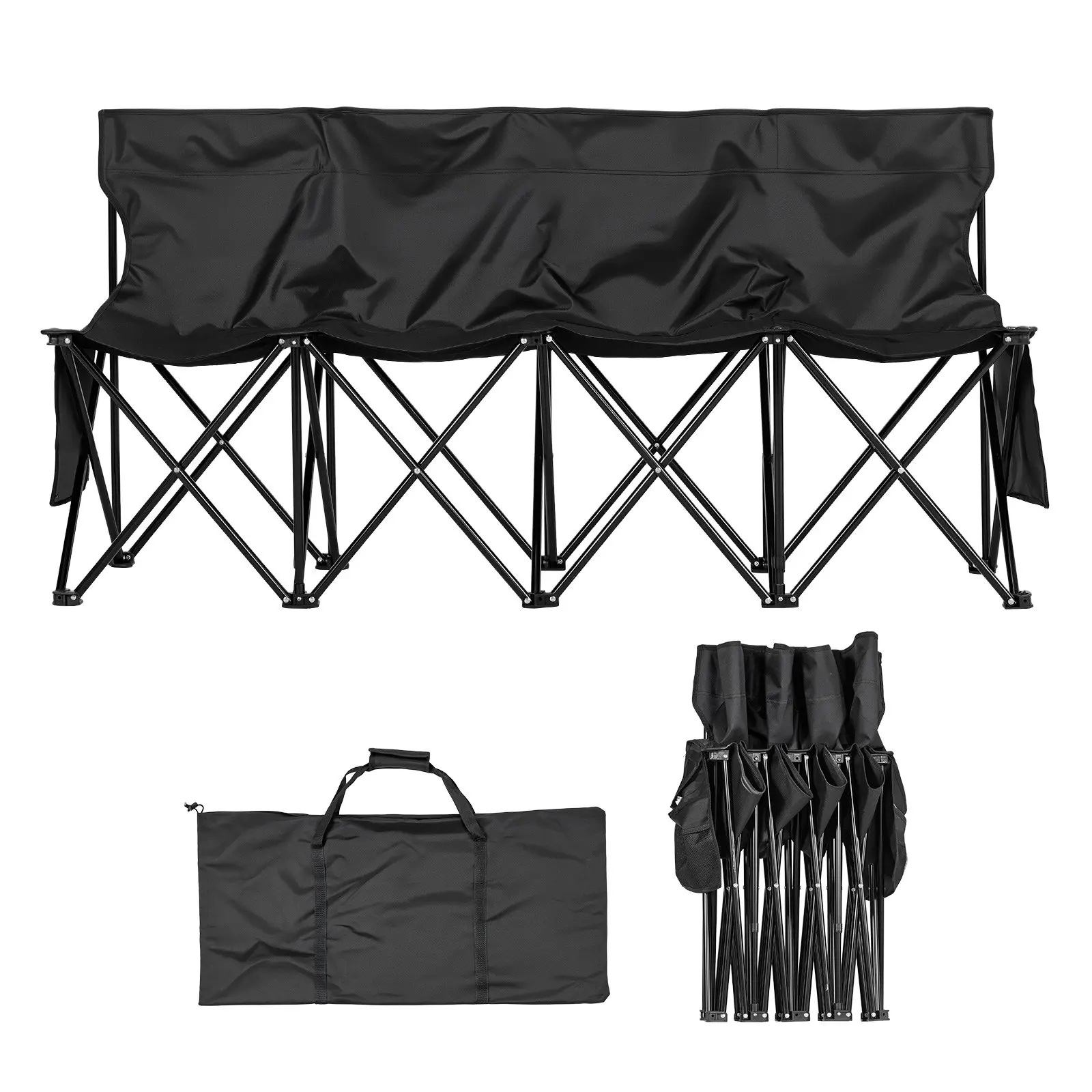 【toolupgrade】VEVOR Portable Folding Bench, 4 Seat Foldable Soccer Bench with Side Pockets and Carrying Bag, Lightweight Sideline Seating with Back Rest for Football, Baseball, Camping, Outdoor Events, Black