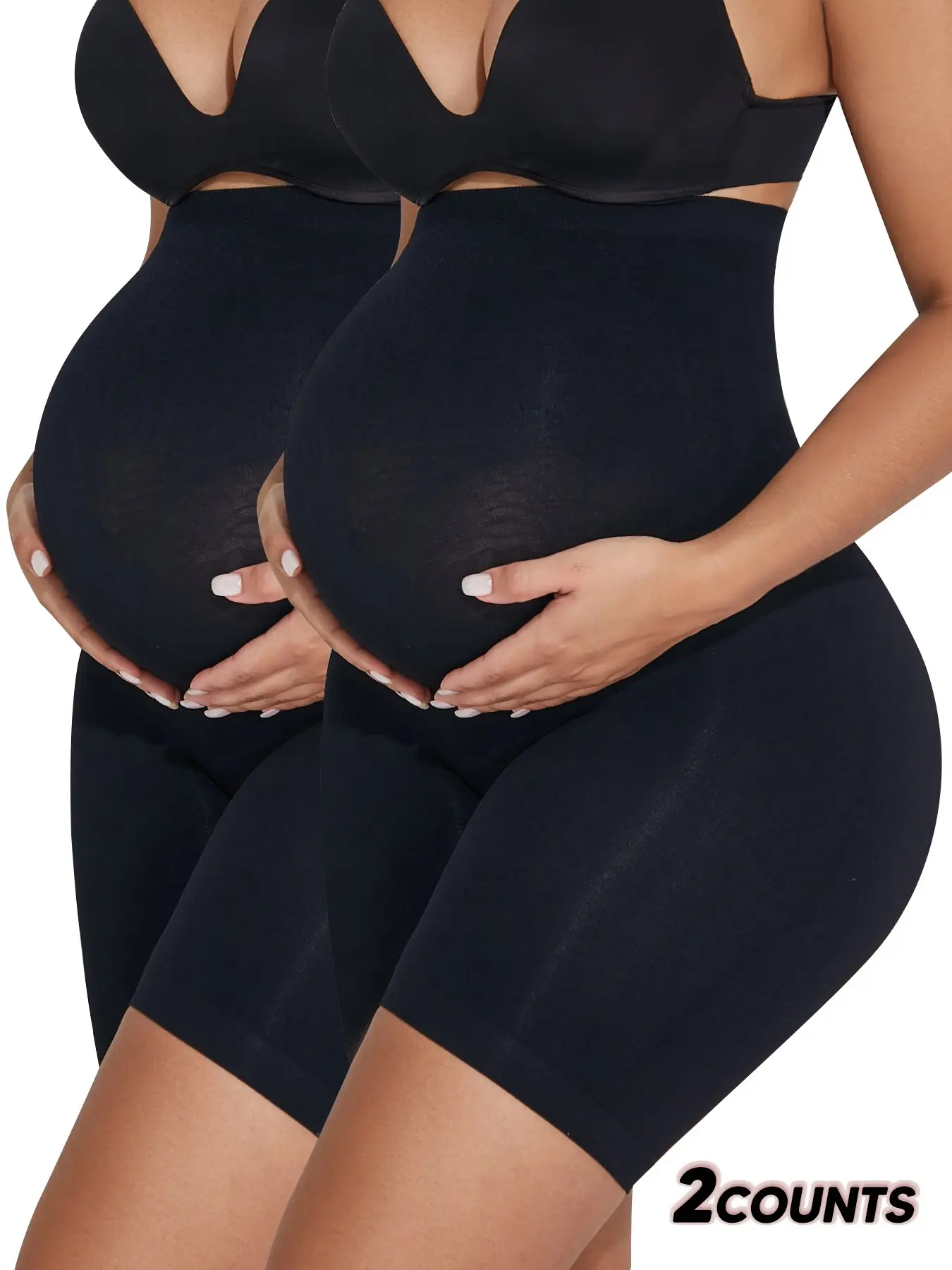 2-Pack High-Waisted Maternity Shorts, Seamless Belly Support, Plain Color, Casual Style, All Seasons, Ideal for Daily Wear, Maternity Apparel