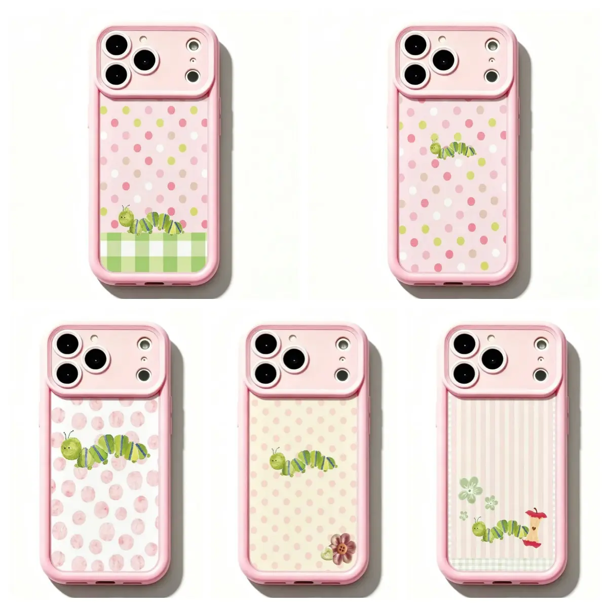 TY Pink Frame Pastel Polka Dot Caterpillar Smartphone Case - Cute Hungry Caterpillar on Pink Cream Dotted & Gingham Base, Shockproof TPU Protector for iPhone 11,12/13 Mini,14-17 Air Pro Max, for Samsung S21-S26 Handheld Devices