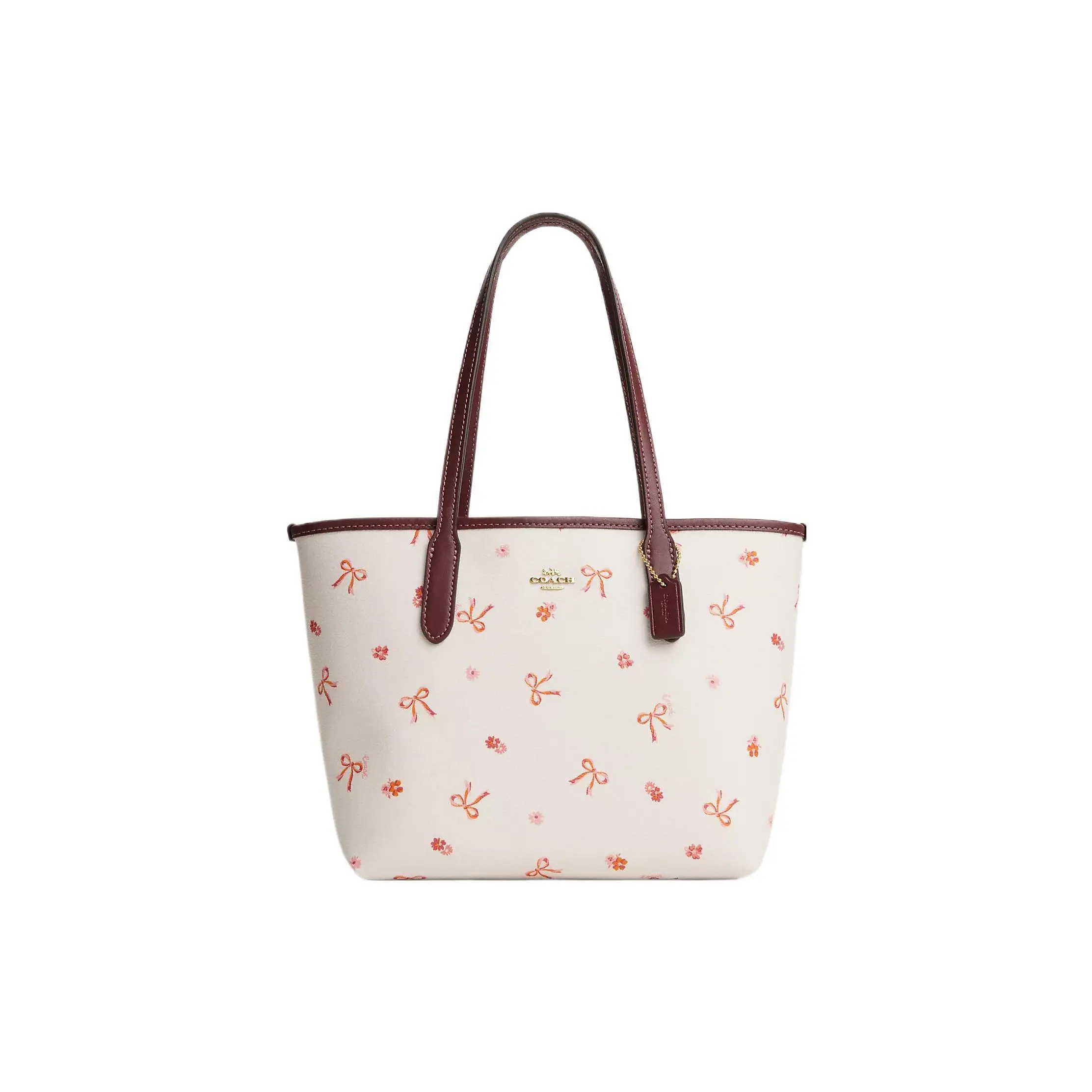 COACH City 23 Bow-Print Snap Closure Coated Canvas Tote Bag for Women, Medium Size, Chalk and Burgundy