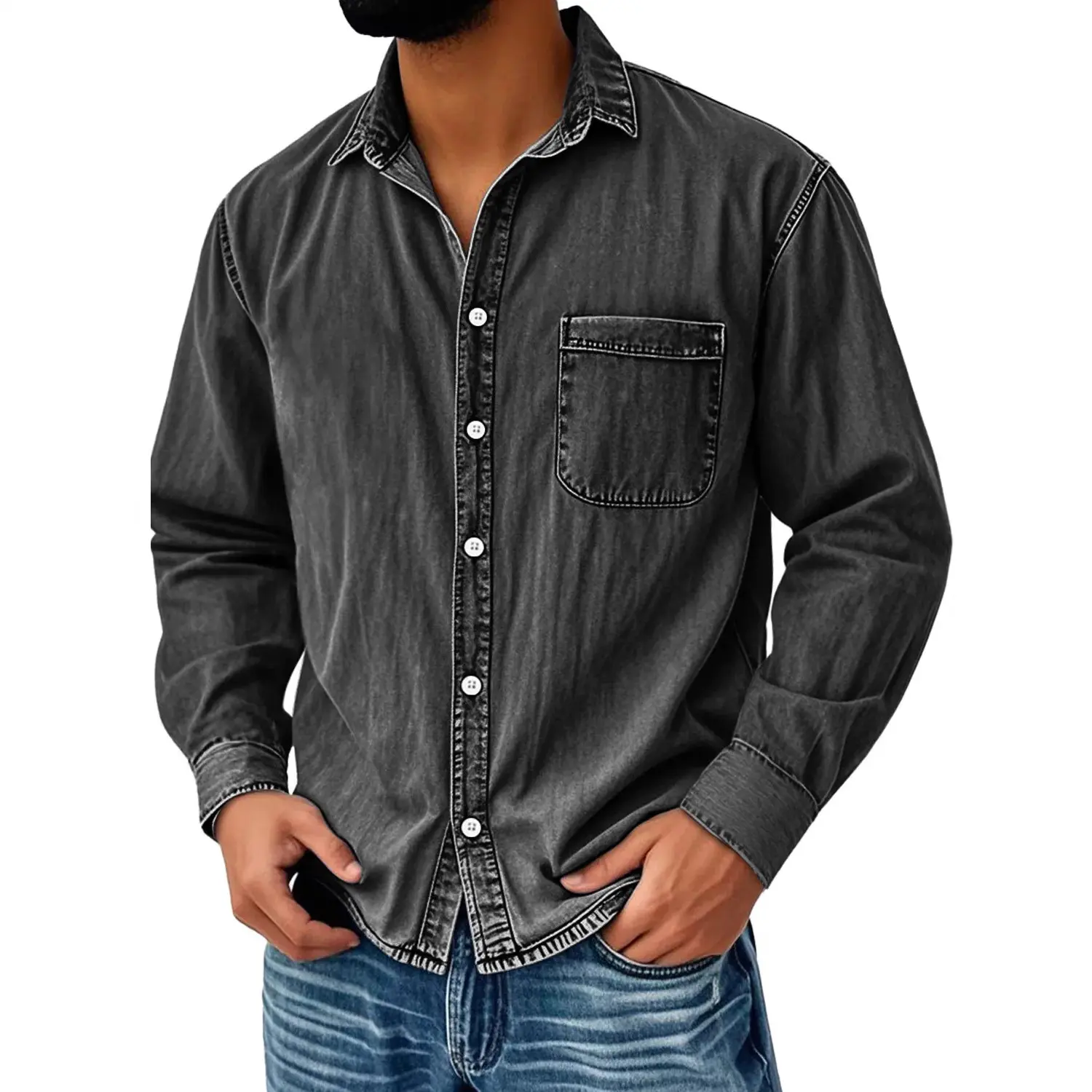 2026 Men's American-style Retro Distressed Long-Sleeve Casual Shirt – Featuring a solid color, lapel collar, and pockets; suitable for streetwear and everyday wear