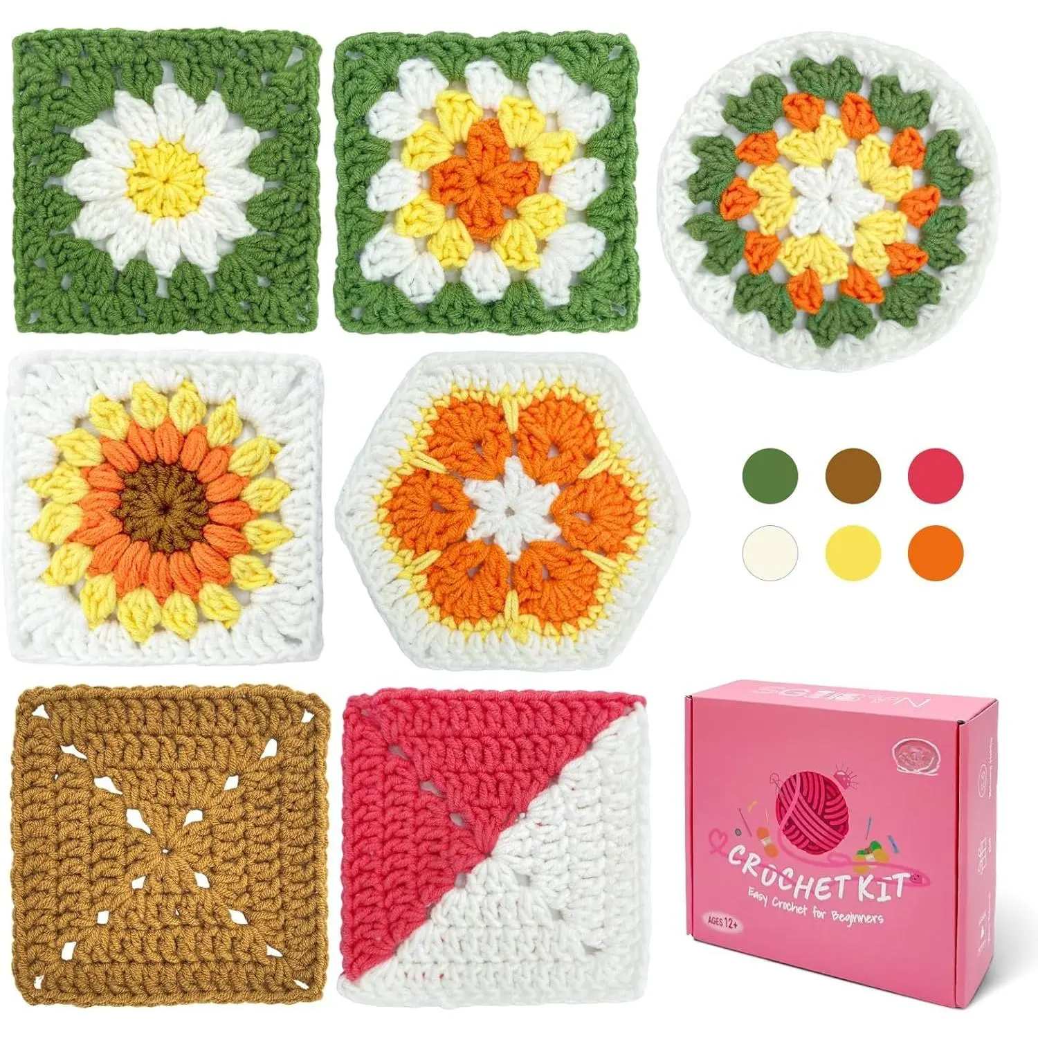 Crochet Kit for  Beginners with Step-by-Step Video Tutorials, Granny Squares Starter Crochet Kit for Women, Knitting Kits, Learn to Crochet Set (Granny Squares)