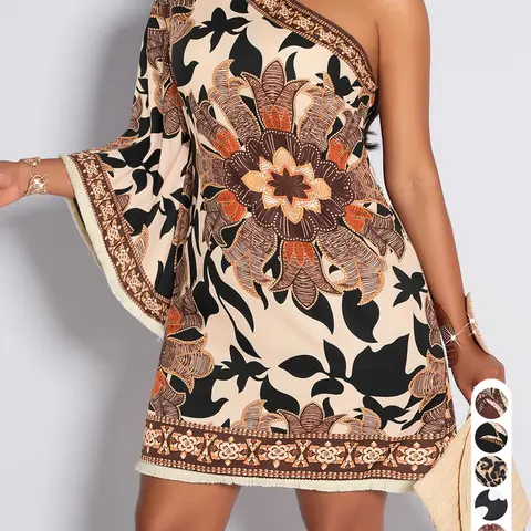 Women's Tropical Rainforest Print Fringe Hem Casual Asymmetrical Neck Dress, Bohemian Dress, Spring Summer Floral Dress for Daily Commute and Vacation