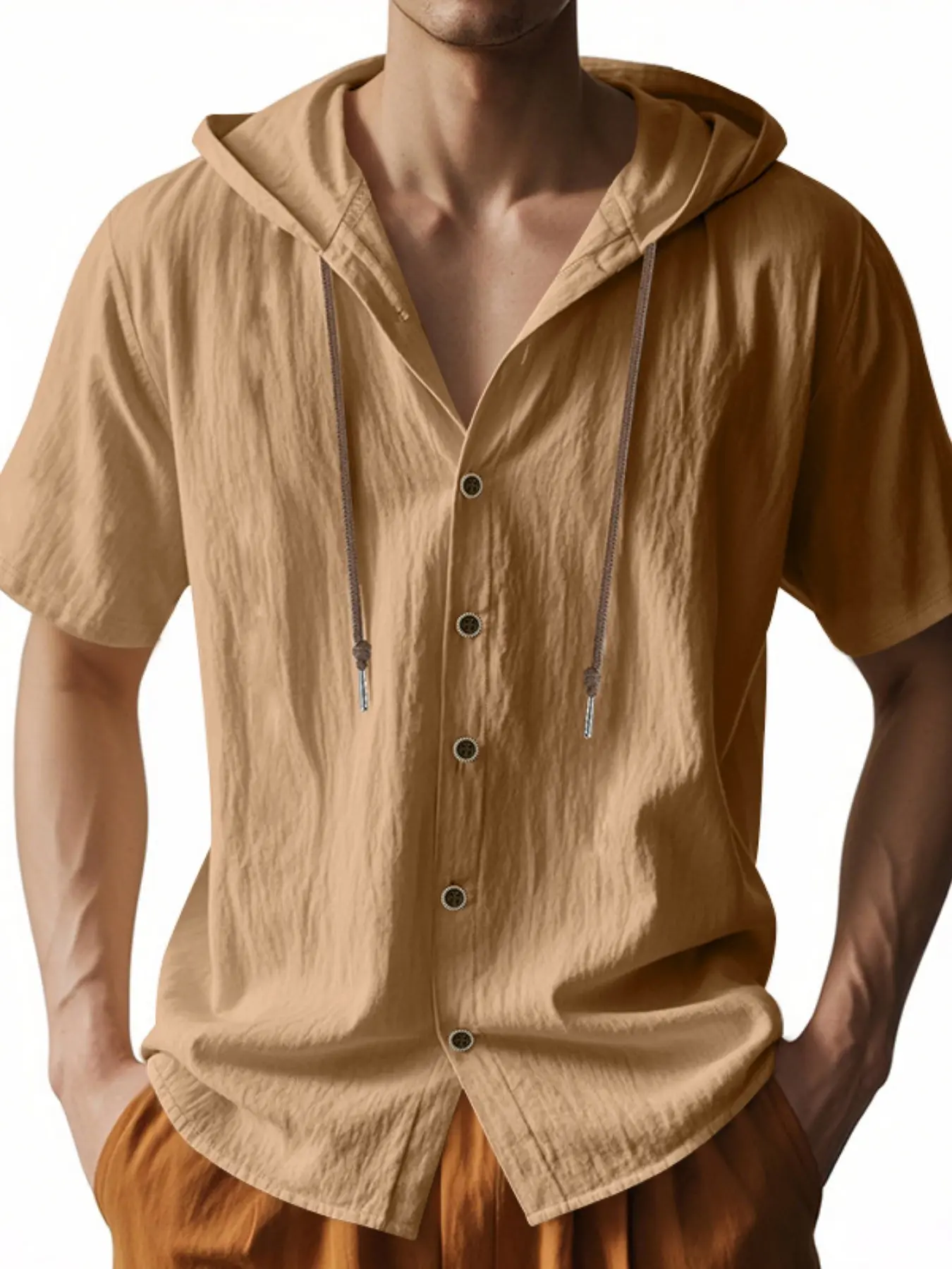Men's Lightweight Breathable Washed Wrinkle Linen Basic Hoodie Short Sleeve Layering Shirt, Full Button Vintage Loose Fit Beach Solid Casual Top, Casual Comfy Fashion