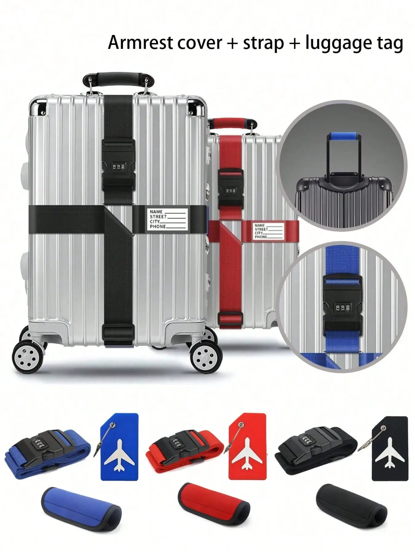 3-in-1 luggage set: adjustable straps, handle protectors and silicone name tags. Compatible with all bags and suitcases. Great for travel, business and daily use. 3 colors available. Luggage Accessories