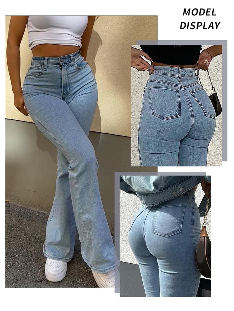 Women's Light Blue Washed Slim Fit Flare Jeans, Fashionable Comfortable Casual Denim Jeans, All Season Wear, Trendy Ladies' Clothing