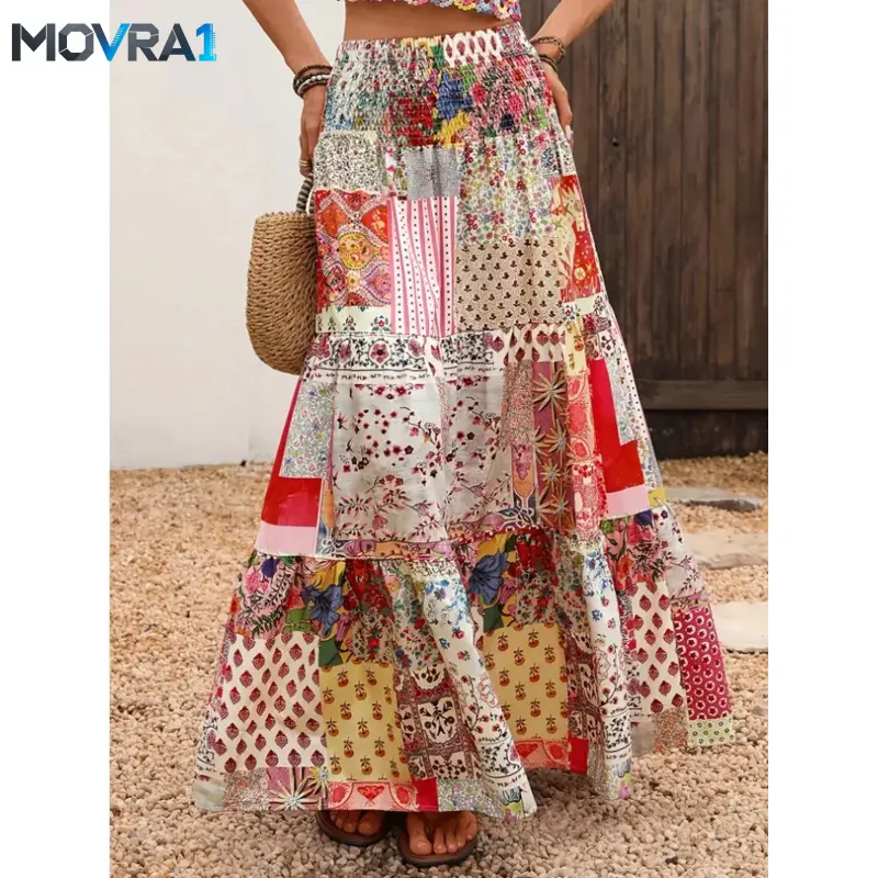 MOVRA1 Womens Boho Patchwork Maxi Skirt Mid Waisted Floral Print Ruffle Tiered Skirt Flowy Vacation Beach Skirt Festival Outfit Cottagecore Bohemian Style