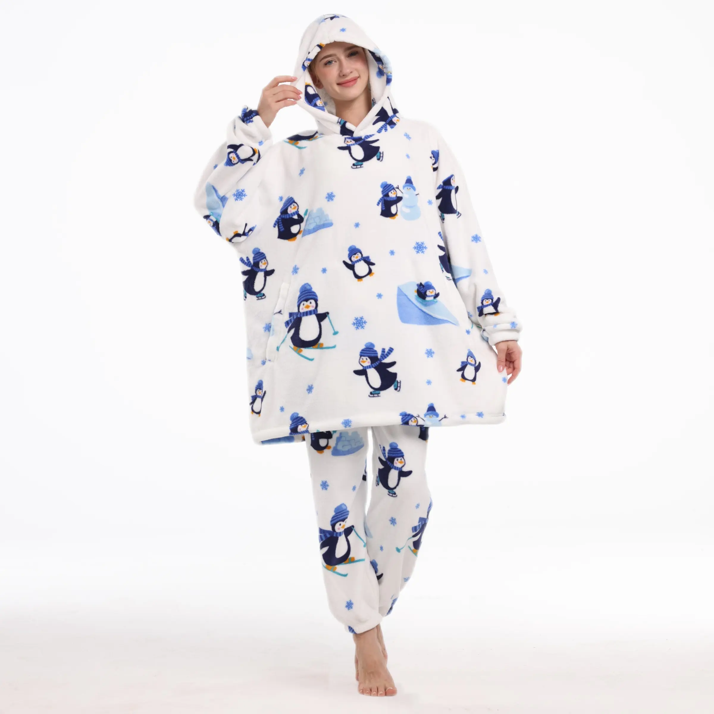 Penguin Cartoon Full-Body Print Loungewear Set, Unisex, Pocket & Hat Included, Thick, Fall Winter, Essential Home Wear