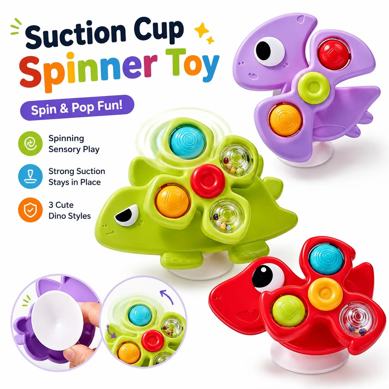 3PCS Suction Cup Spinner Toys for Babies Toddlers 1-3 | Fidget Sensory Bath Toys Rotating Spinning Tops, High Chair Stroller Window Travel Toys, Montessori STEM Early Learning Toy, Infant Development Birthday Gifts for Boys and Girls