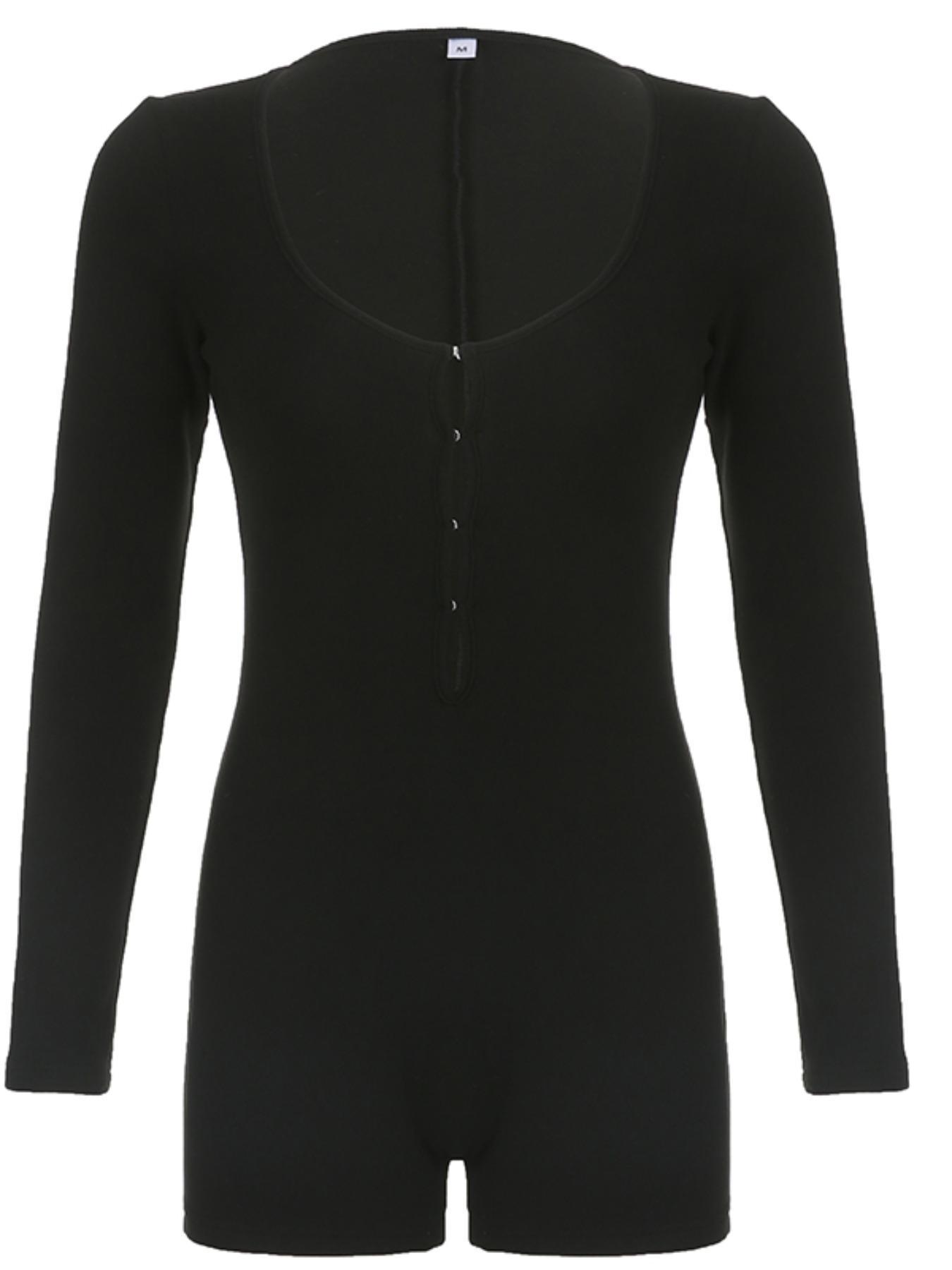 Women's Sexy Tight Hollow Out Scoop Neck One-piece Romper, Minimalist Street Fashion Solid Romper for Lady, Fall Clothes, Ladies Clothes for Spring & Summer, Womenswear Rompers for Party Club, Women's Clothing, Longsleeves