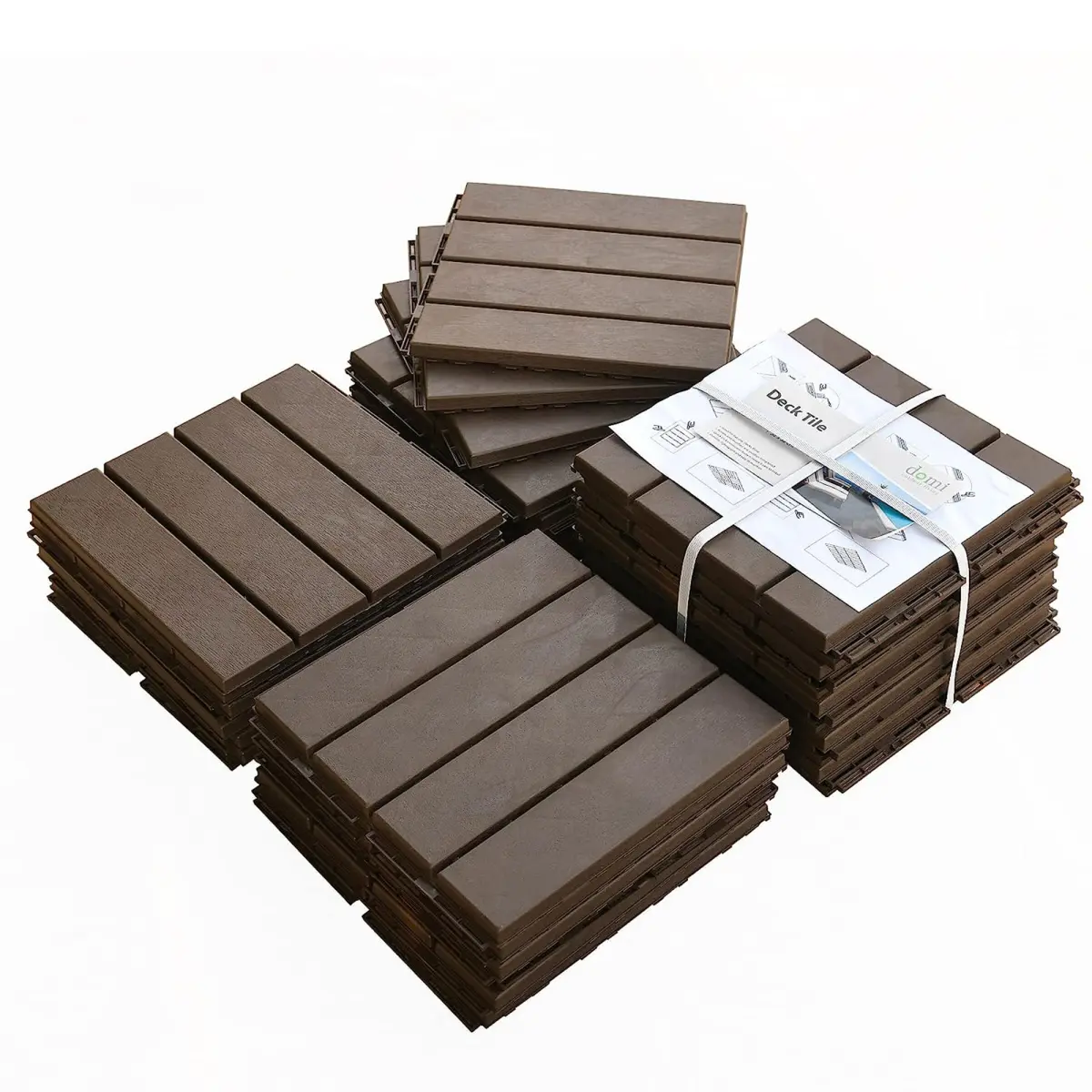 Patio Interlocking Deck Tiles, 12"x12" Square Composite Decking Tiles, Four Slat Plastic Outdoor Flooring Tile All Weather for Balcony Porch Backyard, (Dark Brown, Pack of 27)