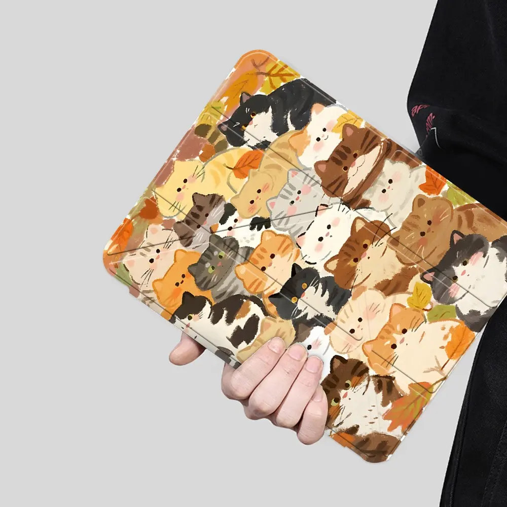 Cute Cat Watercolor Art Print iPad Case, Transparent Acrylic Y-Fold Stand with Shockproof Back, Pencil Slot & Charger Port, Fits iPad 7.9/8.3/10.2/10.5/10.9/11/12.9 13 inch, Shock-resistant Full Cover Protective Case for Offices, Schools & Casual Use