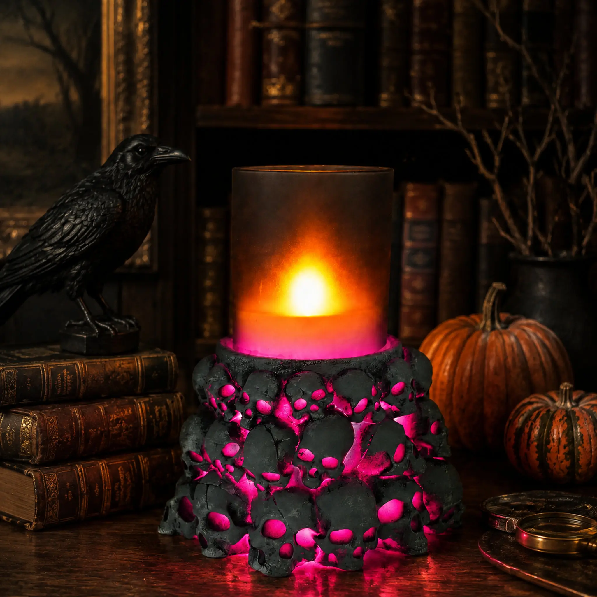 LIVILLA Real Wax Skull Glass Sculpture Lamp with Remote, 8-Color Dual-Zone LED Gothic Home Decor, Flicker Mode, 5H/8H Timer, Battery-Operated Shelves Accent, Halloween Gift