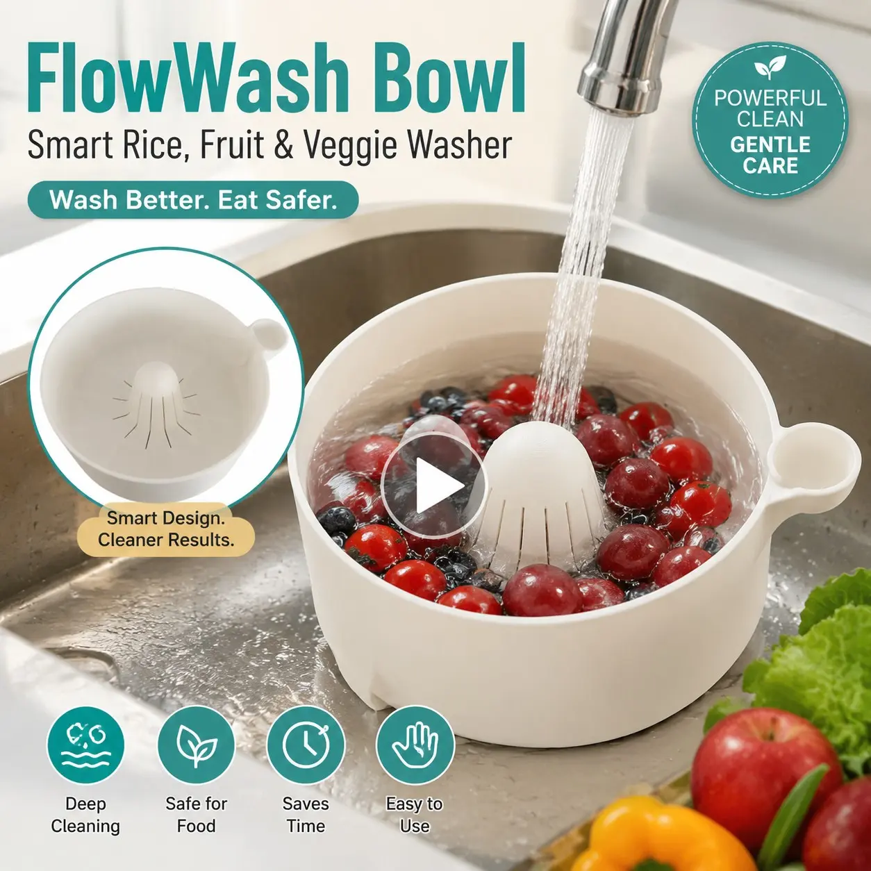 Self Spinning Berry Washing Bowl, Efficient Berry Cleaning Tool, Durable Design for Easy Use, Perfect for Kitchen Organization