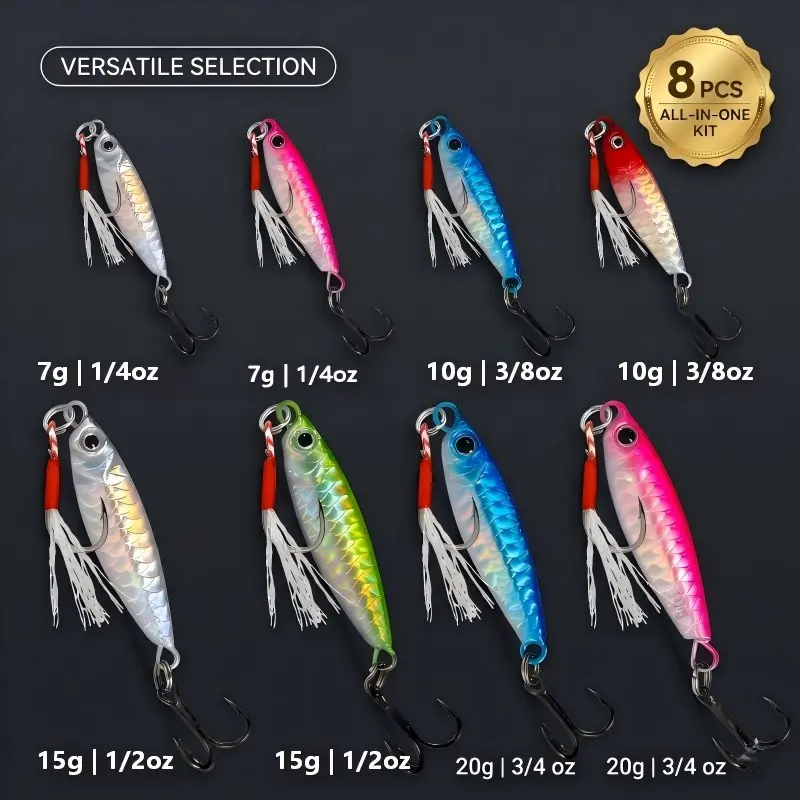 8PCS Pro Metal Jig Kit, 1/4oz-3/4oz Iridescent Tinsel Single & Treble Hook Lures, 3D Laser Scale Vertical Casting Fishing Jigs for Bass Trout Saltwater Freshwater