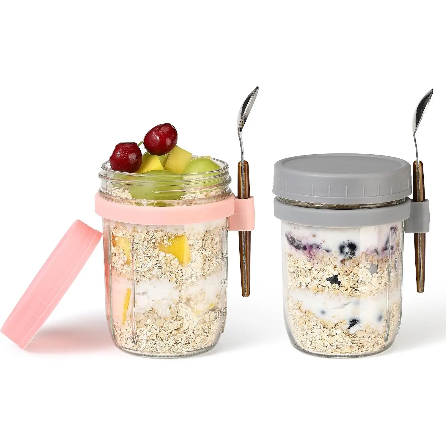 16oz Glass Mason Overnight Oats Jars, Cereal, Yogurt, Salad Lunch,Glass Overnight Oats Containers with  and Spoon, Container with Measurement Marks -(Grey&-2Pcs)