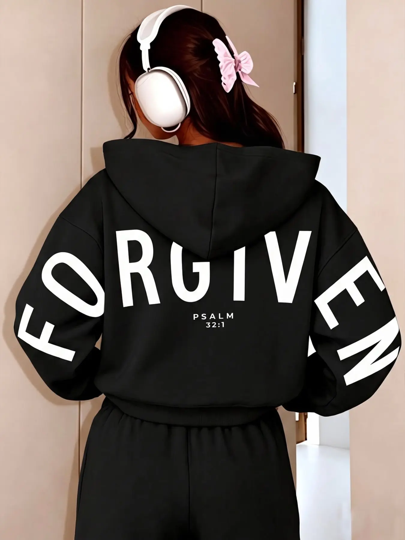 Women Oversized Forgiven Letter Print Hoodie, Psalm 32:1 Scripture Back Printed Hooded Sweatshirt, Drop Shoulder Loose Casual Faith Streetwear Long Sleeve Pullover Hoodie for Daily Autumn Winter Wear