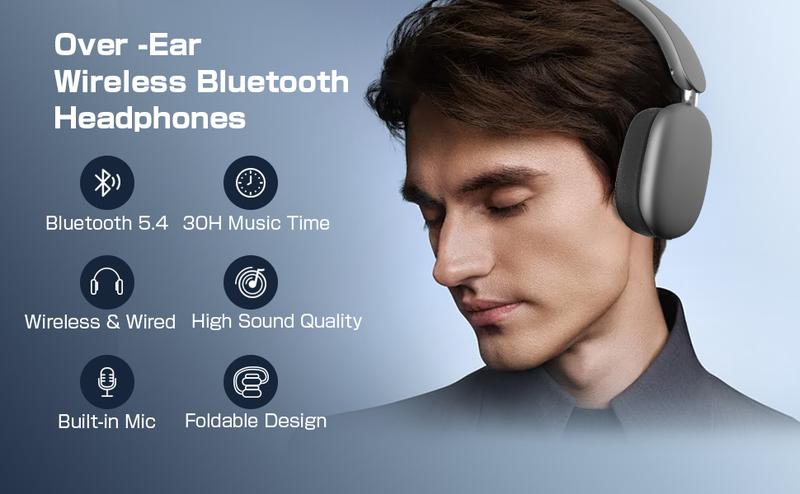 Wireless Headphones Over Ear, Bluetooth 5.4 Headsets, Hi-Fi Stereo, ANC Noise Cancelling, Built-in Microphone, 30 Hours Playtime, 3.5mm Jack, Lightweight for Phones, Computers, Games(Silver)