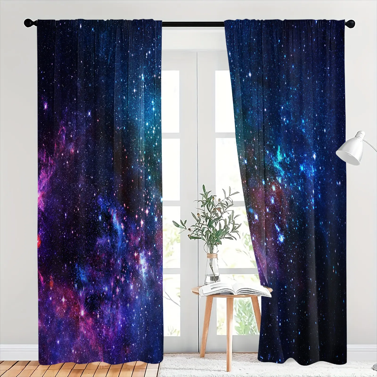 2Pcs Galaxy Starry Sky Decorative Curtains, Soft Microfiber Rod-pocket Style Semi-sheer Privacy Curtains, For Bedroom Living Room, Space Theme Curtains for Teens Kids Game Room Decor Cosmic Aesthetic