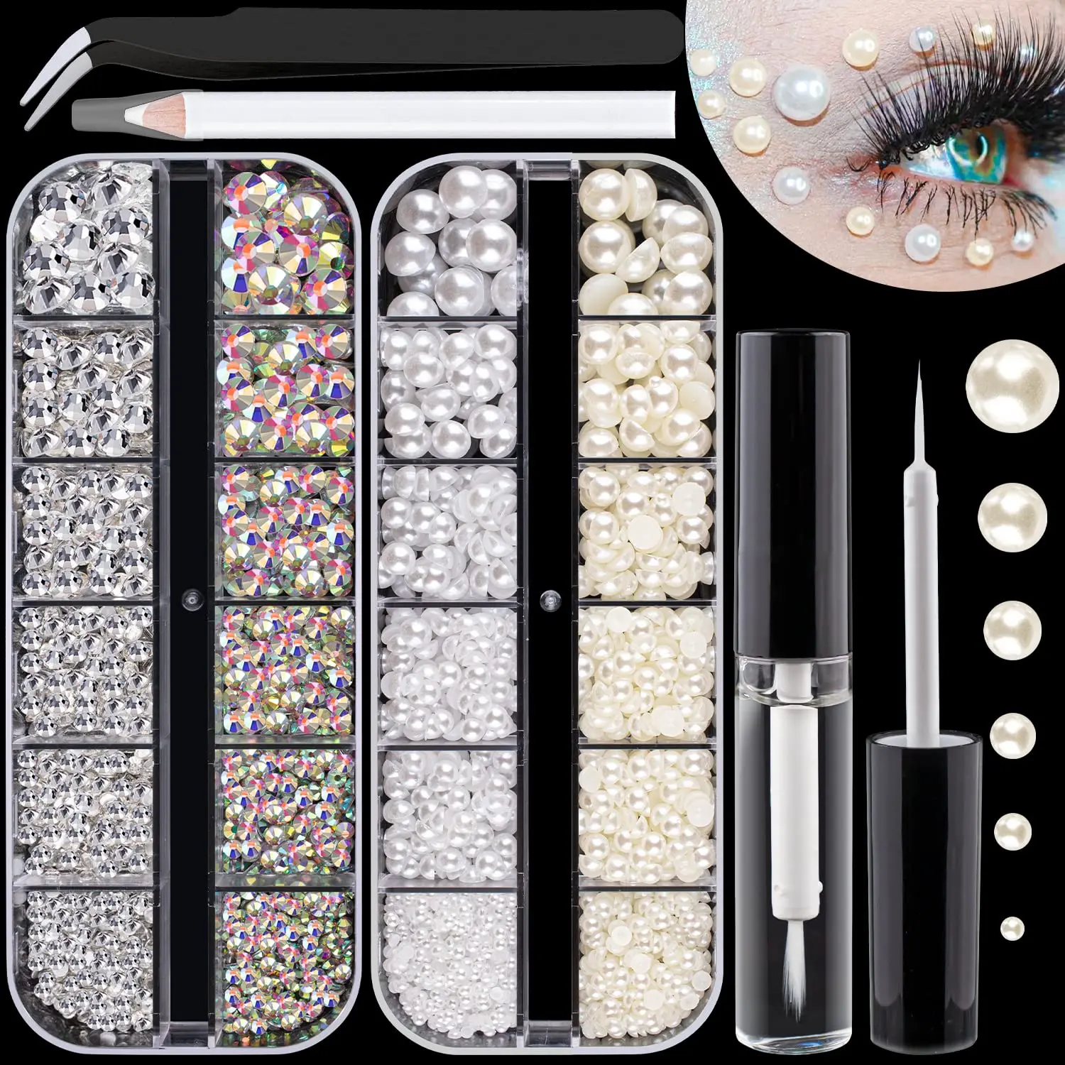 5320pcs Face Gems for Makeup with Glue, Colorful Beads &amp;   Round Glass Crystal AB &amp;   Clear Gems, White Flatback Half Round Pearls &amp;   4 Colors Cosmetic Chunky Glitter with Tools, Eye Jewels for Make-up