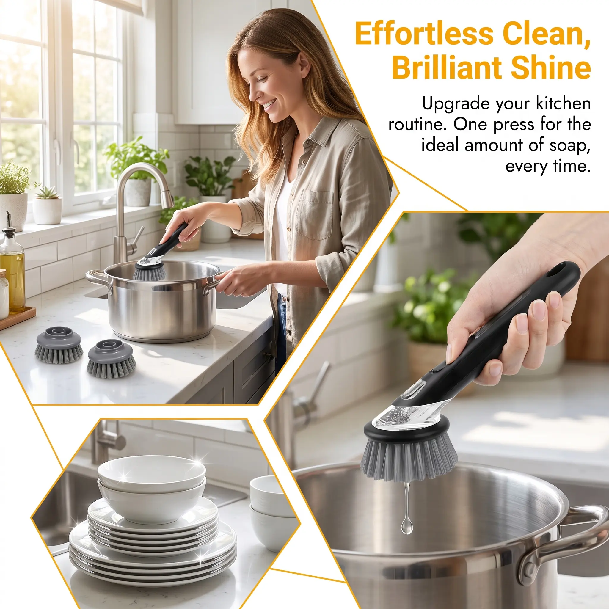 Soap Dispensing Dish Brush, Refillable Palm Scrubber or Long Handle Dish Wand , Kitchen Cleaning Brush for Pots, Pans, Bowls, Dishes, Sinks and Stovetops-YY2